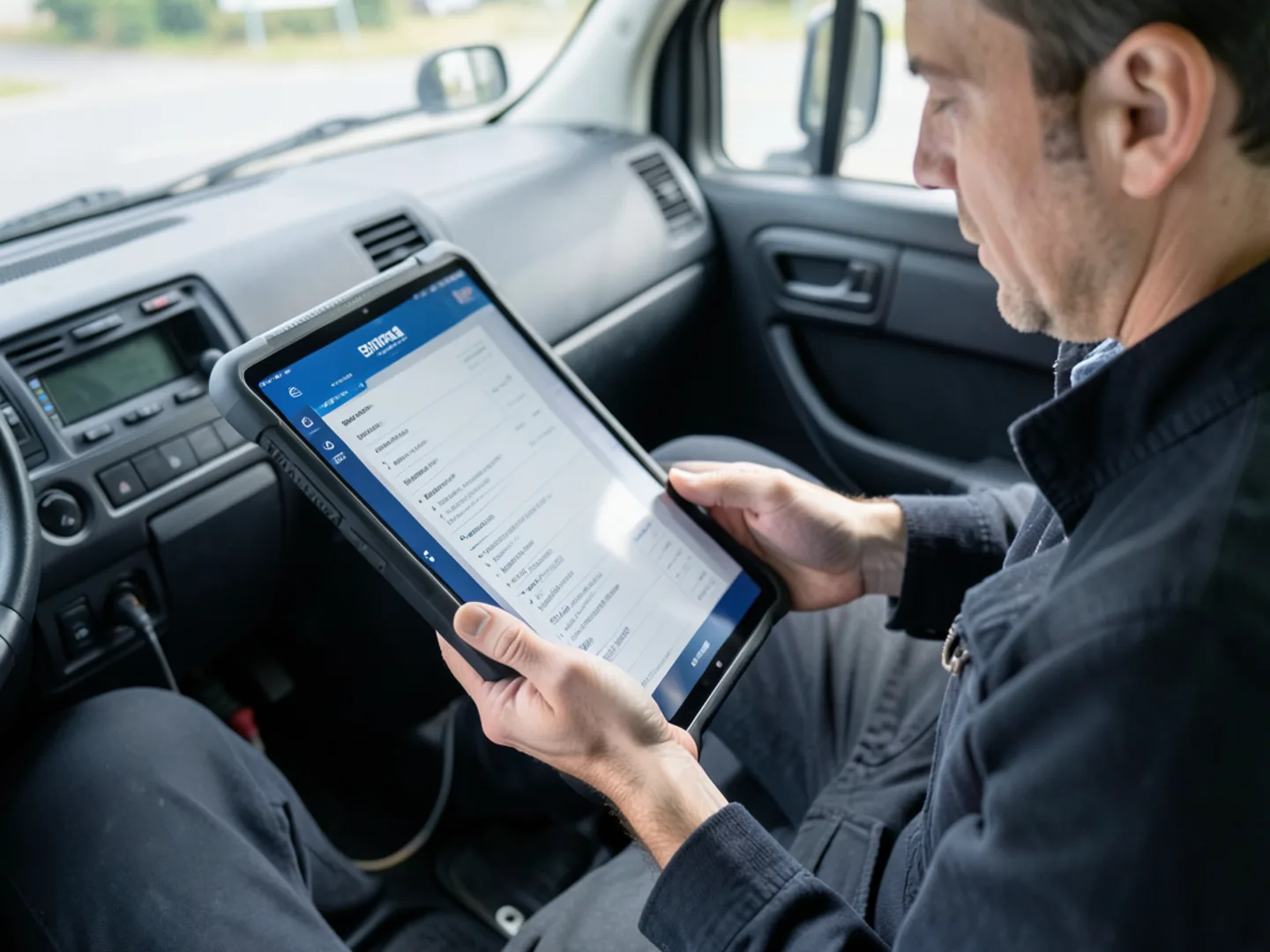 Plumbing technician reviewing service call details on tablet before arrival