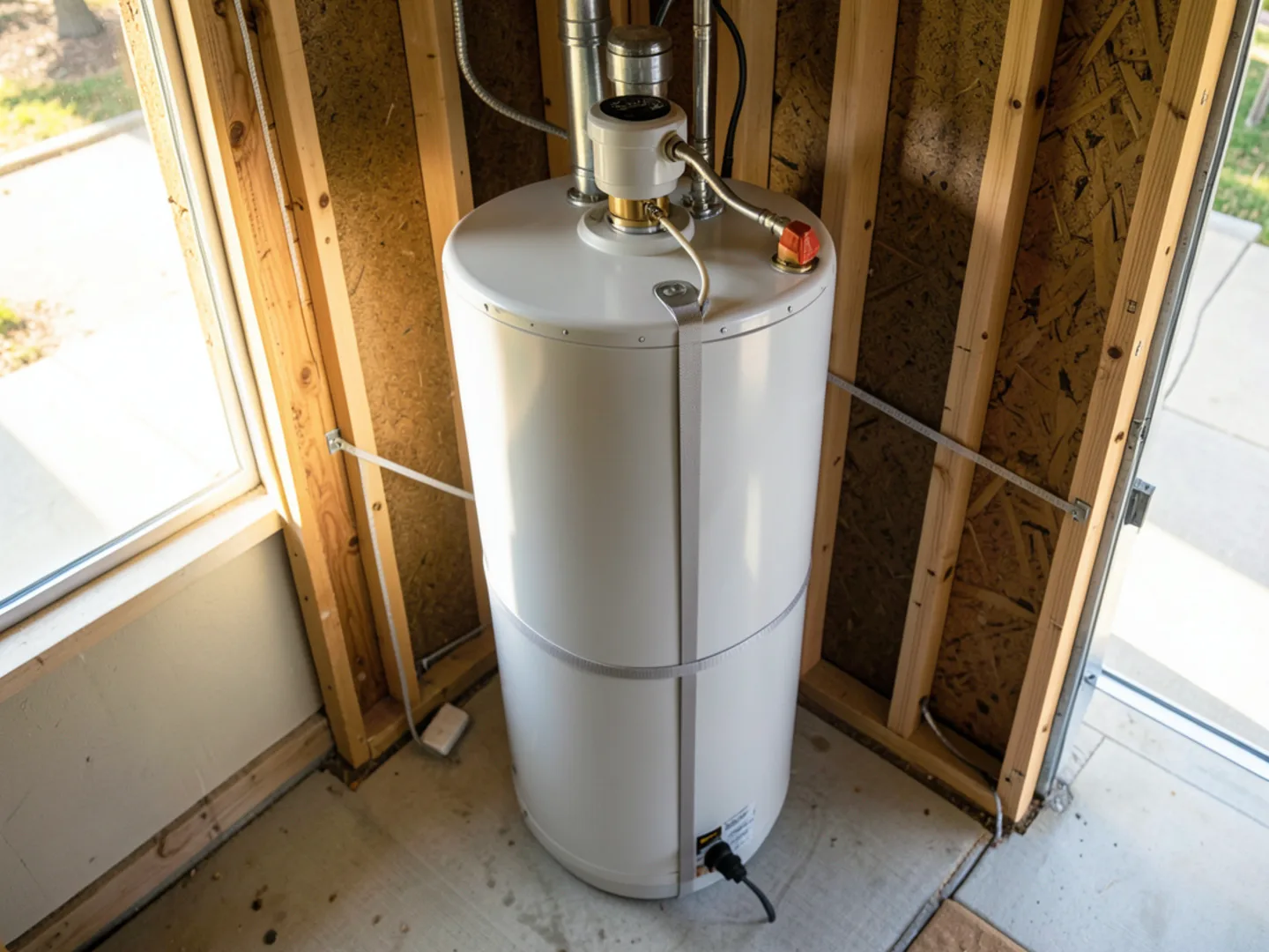 Seismically strapped 50-gallon gas water heater in a suburban garage
