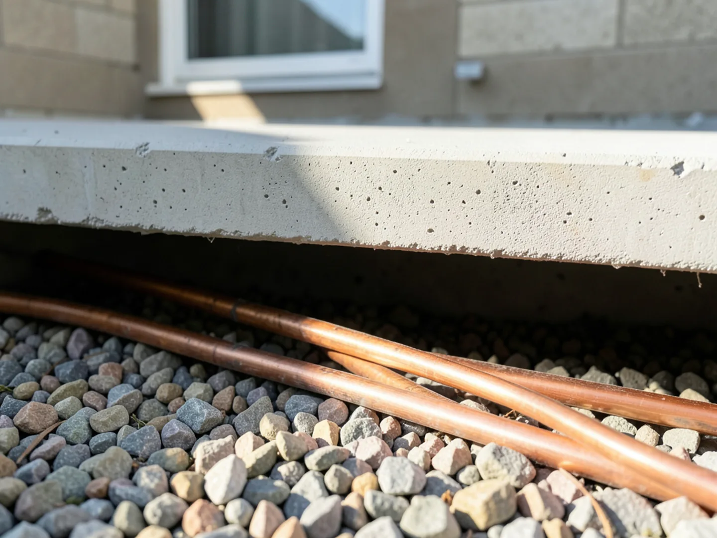 Under-slab soft copper tubing embedded beneath a concrete foundation