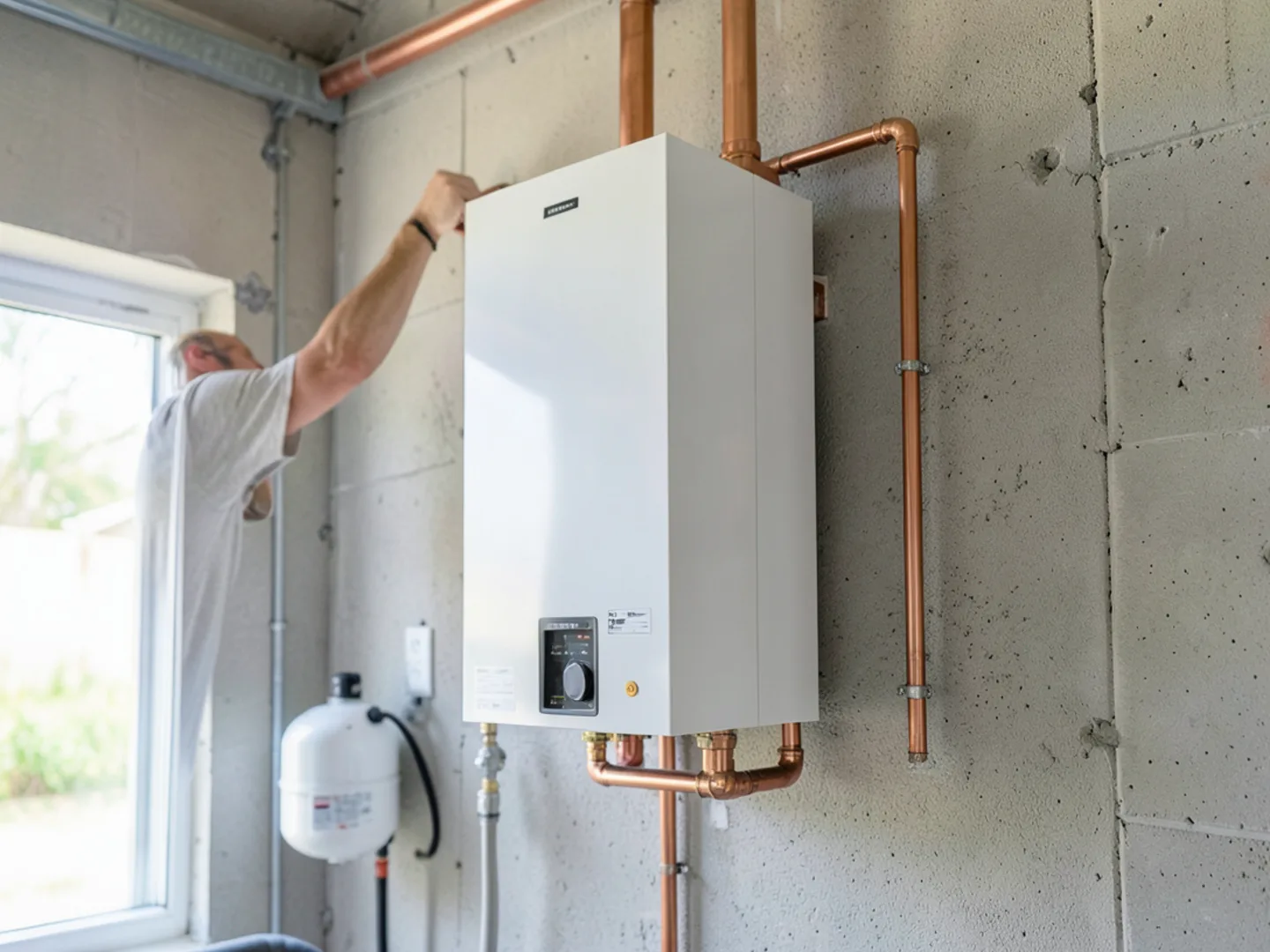 Wall mounted condensing tankless water heater with stainless steel venting